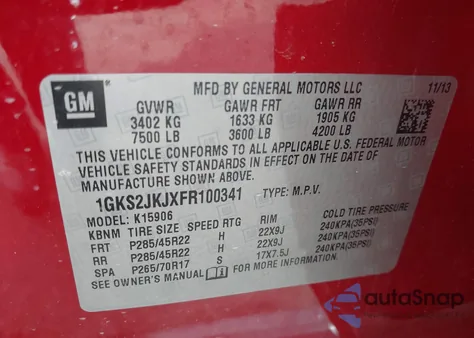 2015 GMC Yukon Xl 1500 Denali из США, поврежденный, VIN 1GKS2JKJXFR100341